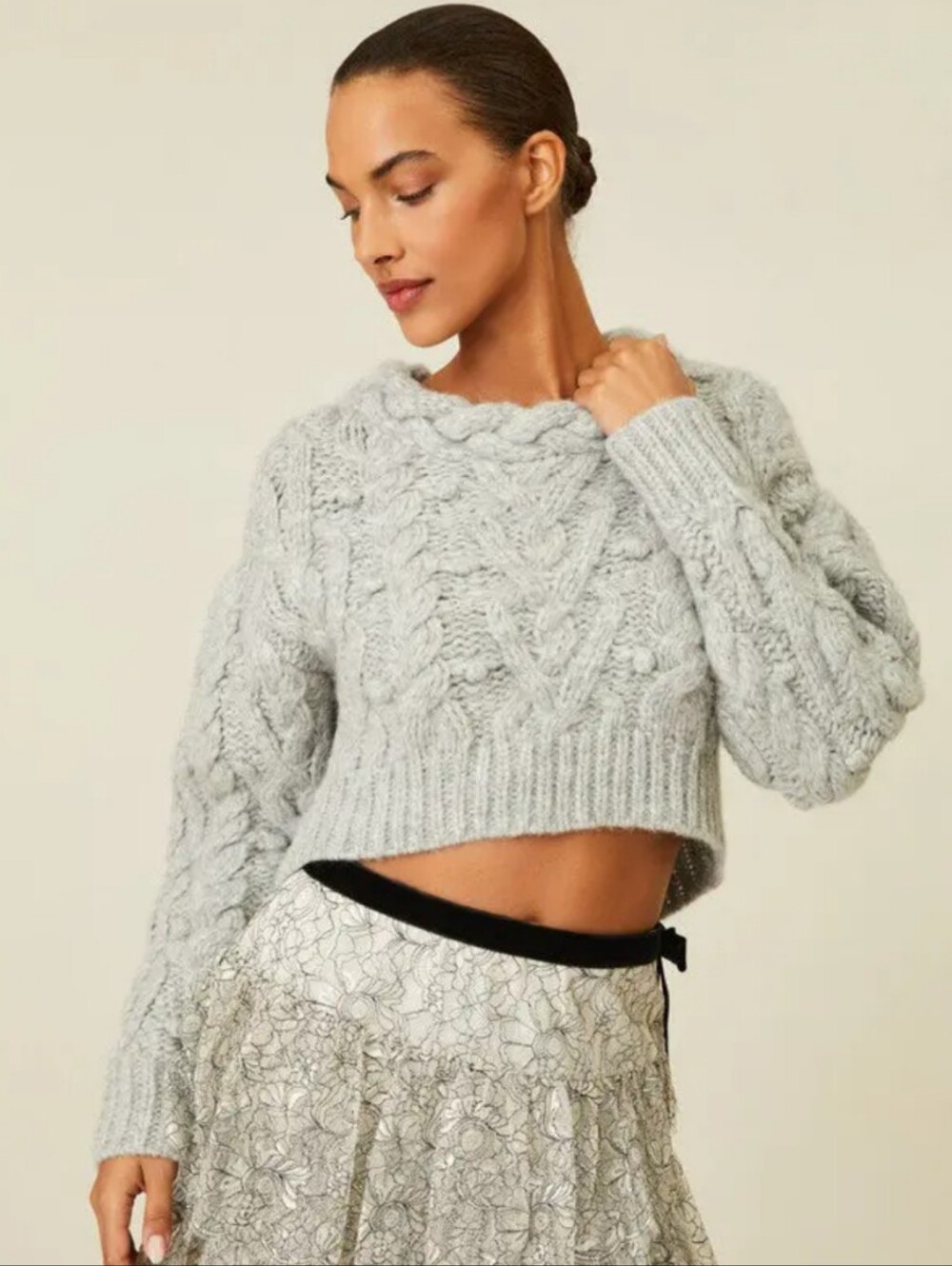 LoveShackFancy Galiona Chunky Cable Knit Pom Pom Puff Sleeve Baby Alpaca Grey